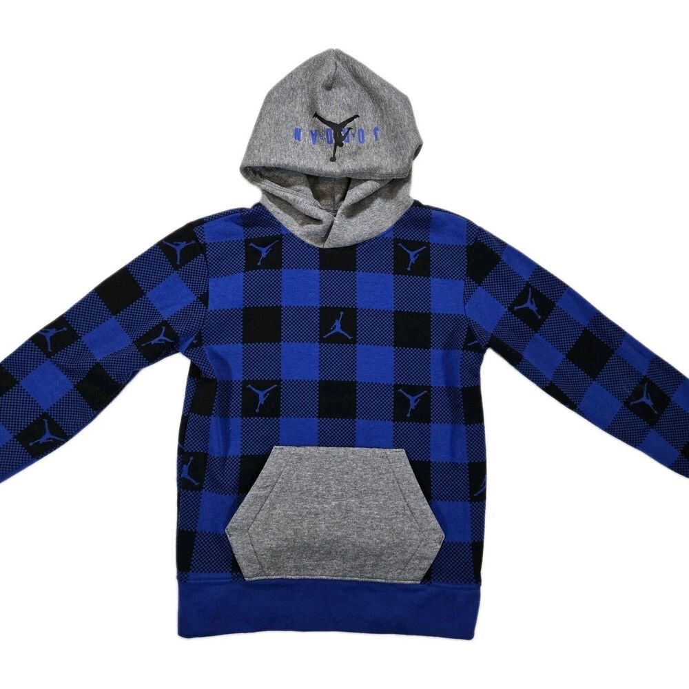 Boys Air Jordan Pullover Hoodie Blue  Buffalo Plaid Jumpman Youth Medium 10 12